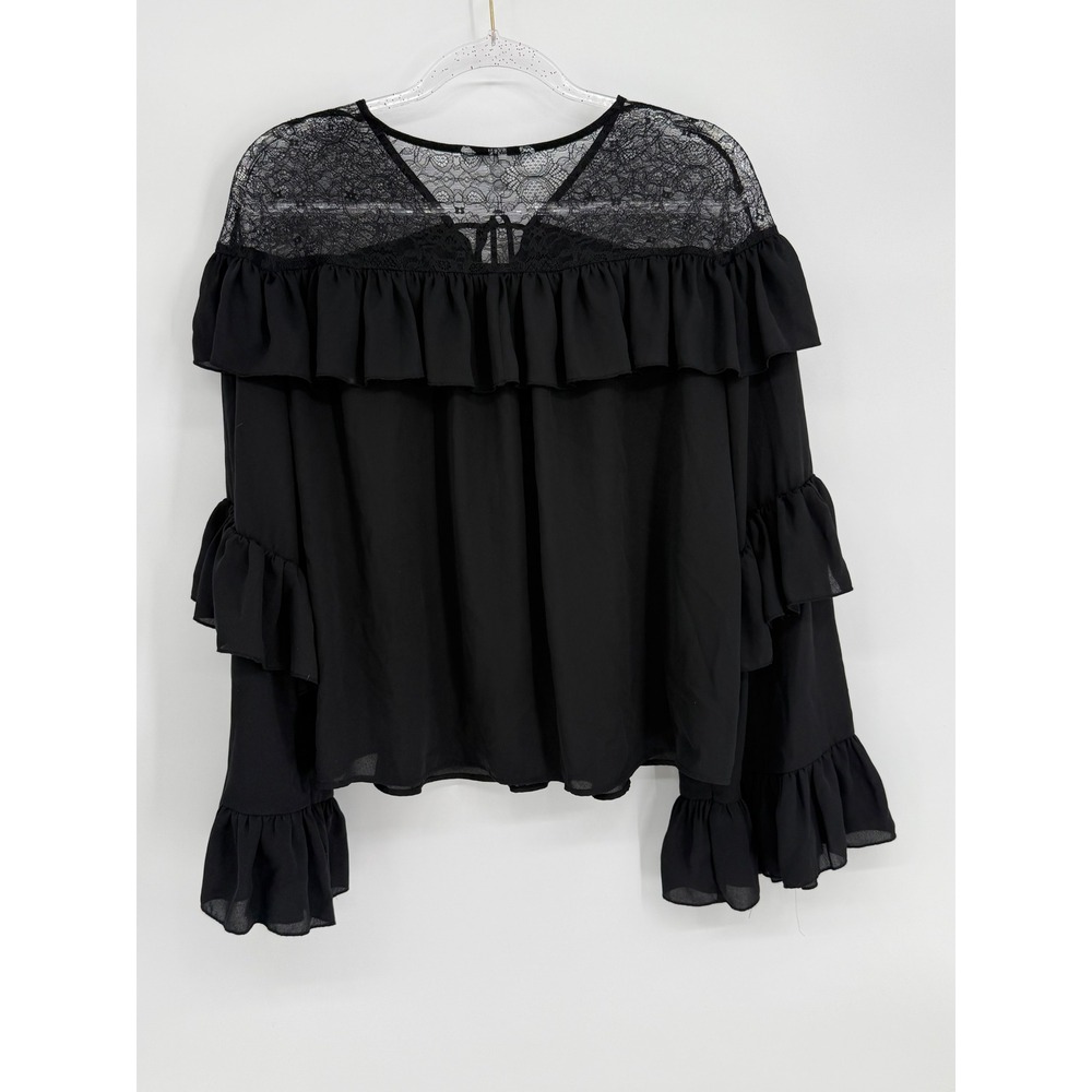 HM Womens Black Lace Yoke Ruffle Tiered Sleeve Tie Neck Blouse Top Sz L - Picture 4 of 8